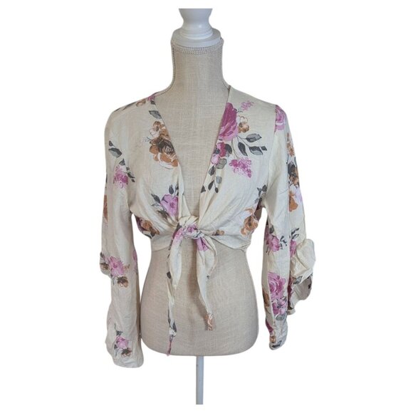 Spoon Jeans Women's Large White Floral Tie Crop Top Shrug - Picture 2 of 4